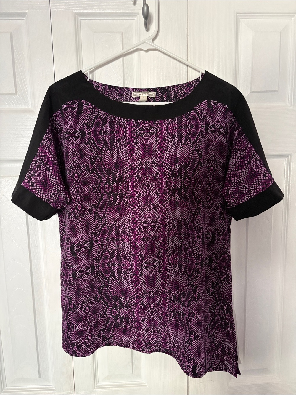 Dana Buchman Purple Snake-Print Short Sleeve Top with Black Trim